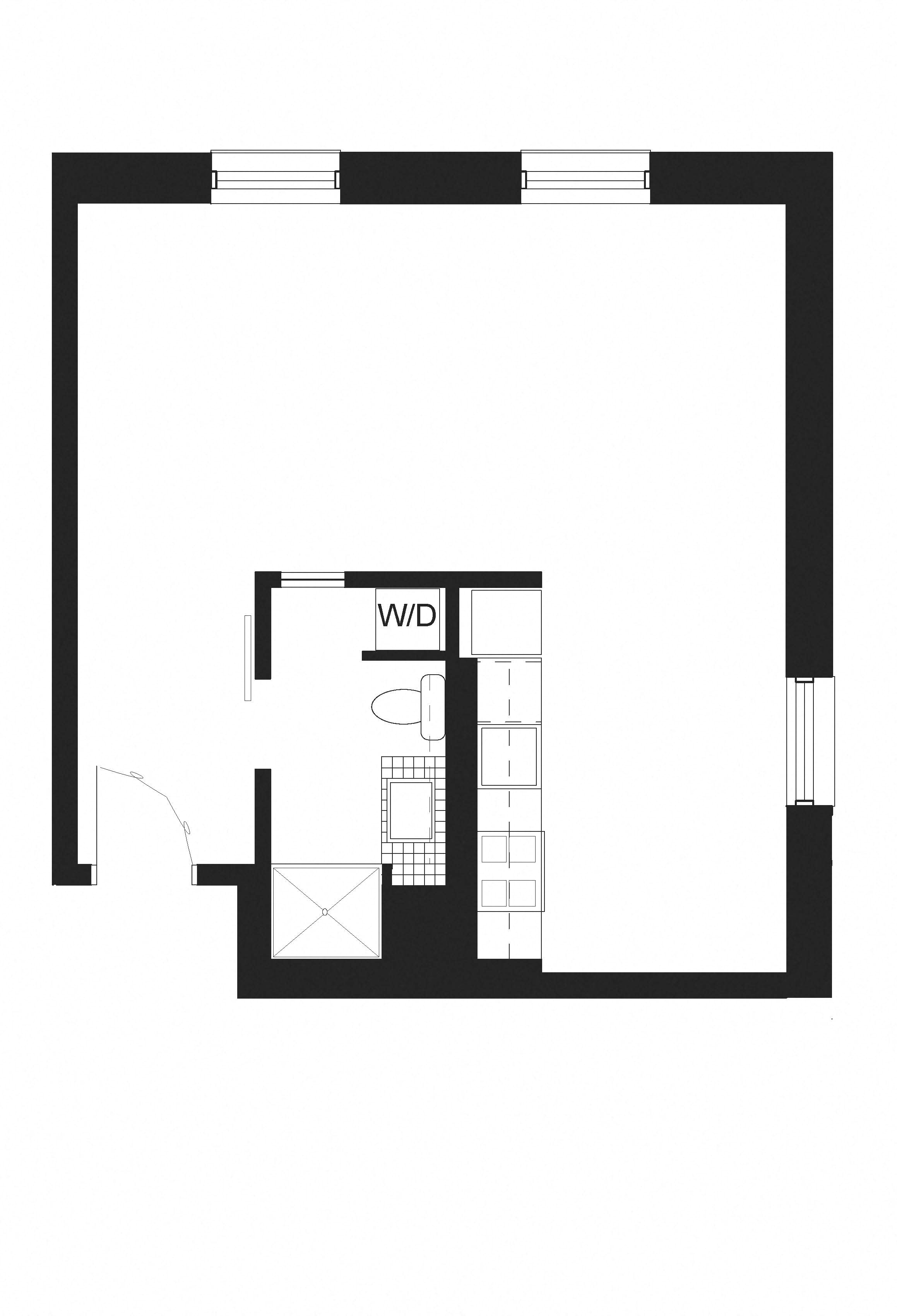 Floor plan for studio, 1 bath, 523 sqft
